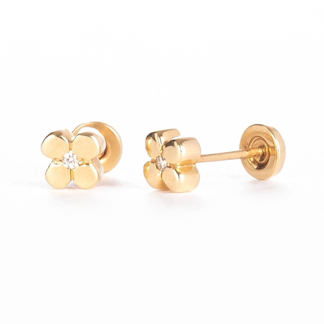Aretes con Diamante Natural de Florecita Oro Amarillo 14k