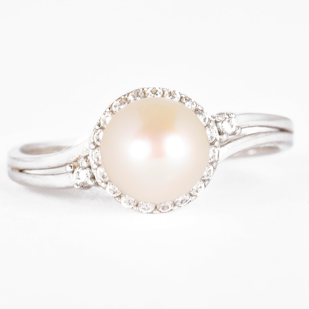 Juego de Aretes, Cadena, Dije y Anillo de Perla y Circonias 14k