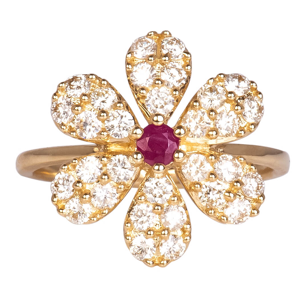 Anillo Flor y Rubí Central 0.15qts con Diamantes Naturales 1.00qts