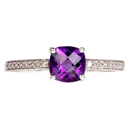 Anillo con Amatista 6mm y Diamantes Laterales 0.02qts