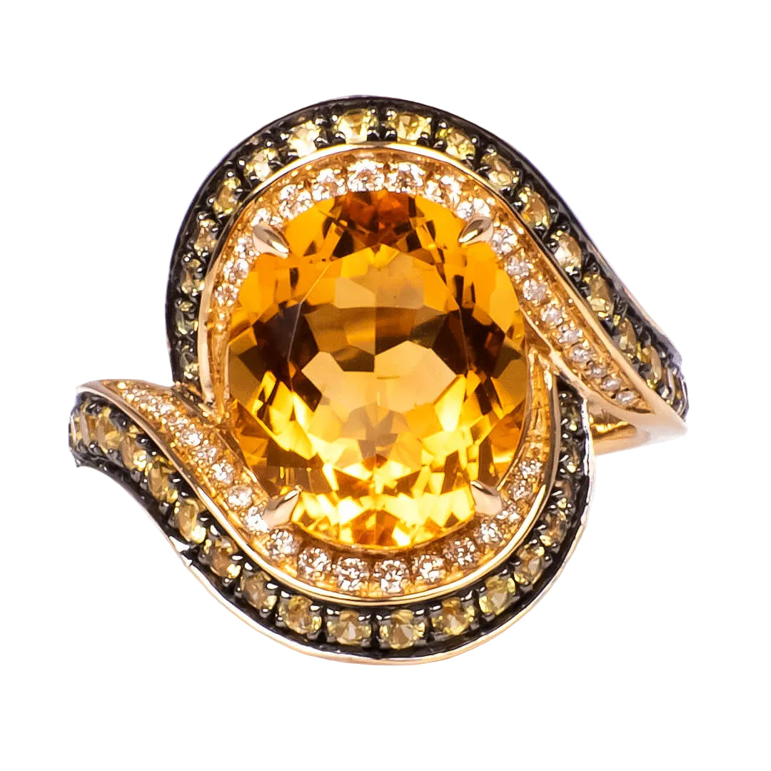 Anillo con Citrina Central Oval, Zafiros Amarillos y Diamantes Nat