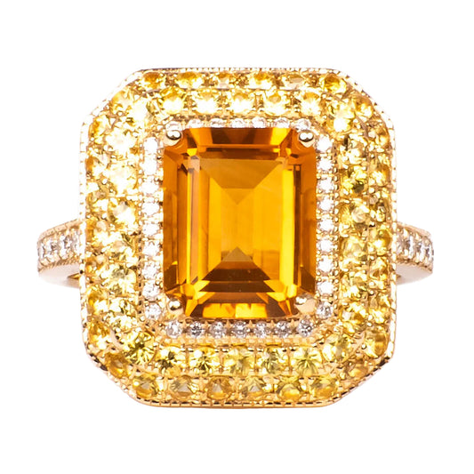 Anillo con Citrina Corte Esmeralda, Zafiros Amarillos y Diamantes Nat