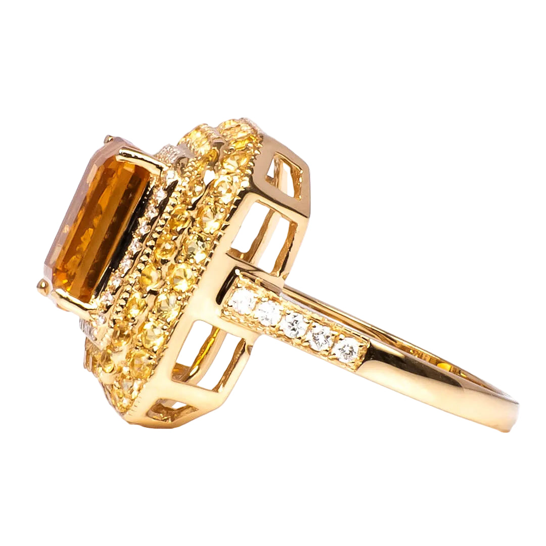 Anillo con Citrina Corte Esmeralda, Zafiros Amarillos y Diamantes Nat