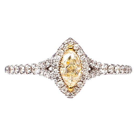 Anillo con Diamante Amarillo Marquise y Halo de Diamantes Naturales