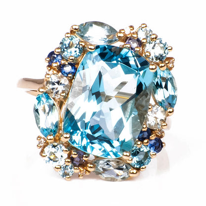 Anillo con Topacio Central con Halo de Aguamarinas y Diamantes Nat