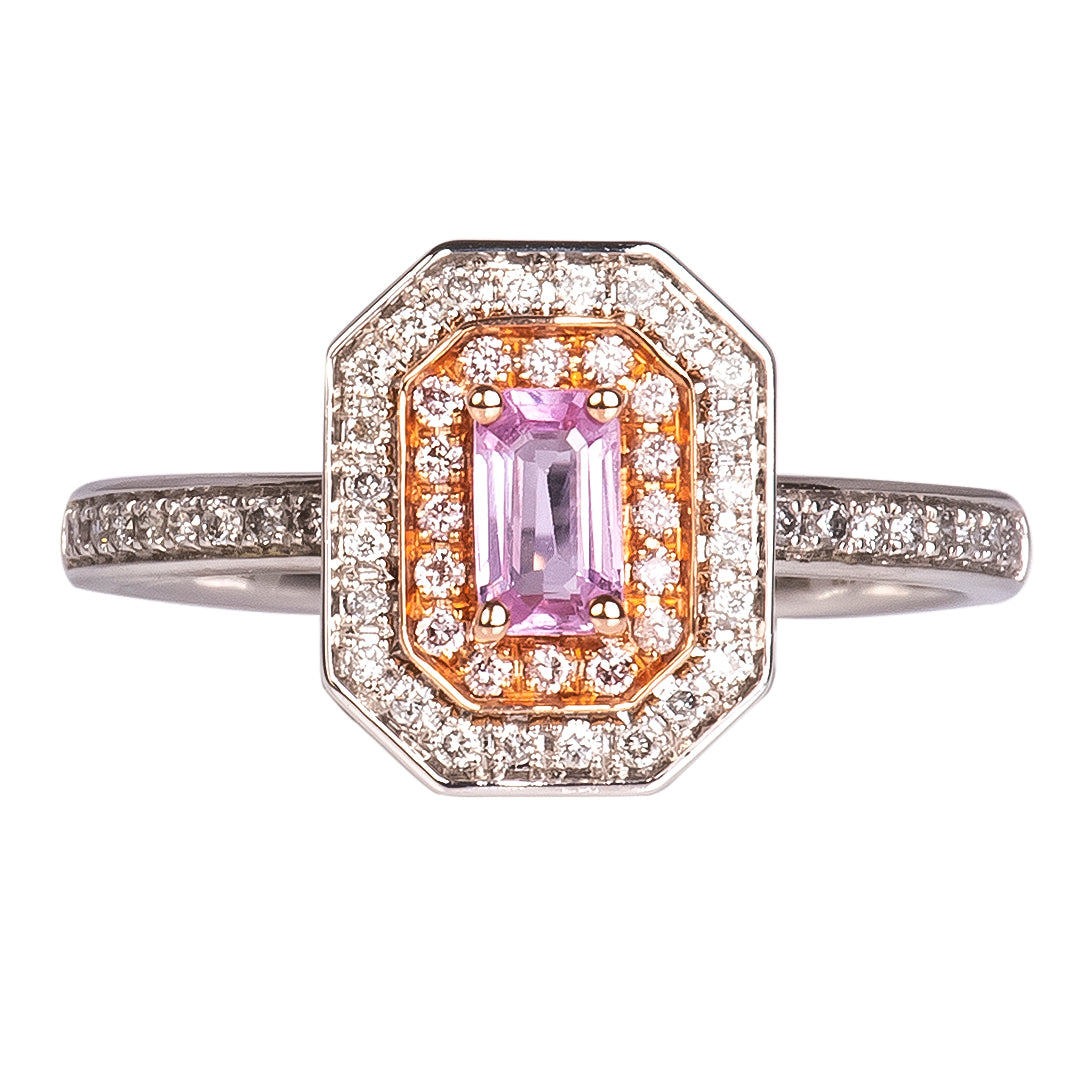 Anillo con Zafiro Rosa Central 0.35qts y Doble Halo de Diamantes Naturales 0.19qts
