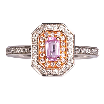 Anillo con Zafiro Rosa Central 0.35qts y Doble Halo de Diamantes Naturales 0.19qts