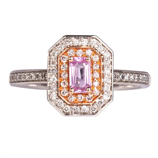 Anillo con Zafiro Rosa Central 0.35qts y Doble Halo de Diamantes Naturales 0.19qts