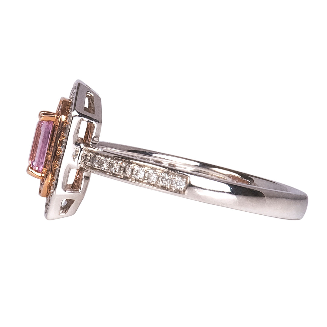 Anillo con Zafiro Rosa Central 0.35qts y Doble Halo de Diamantes Naturales 0.19qts