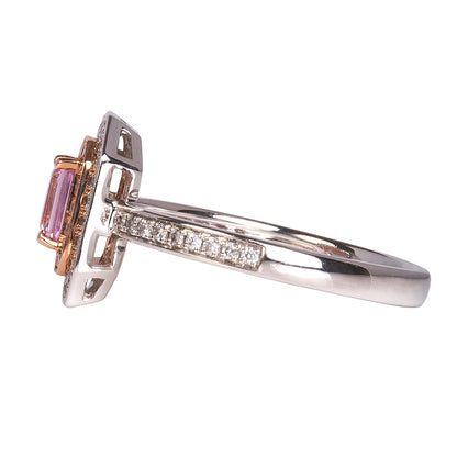 Anillo con Zafiro Rosa Central 0.35qts y Doble Halo de Diamantes Naturales 0.19qts