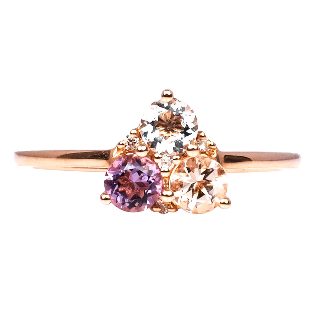 Anillo de Aguamarina, Amatista, Morganita y Diamantes Naturales