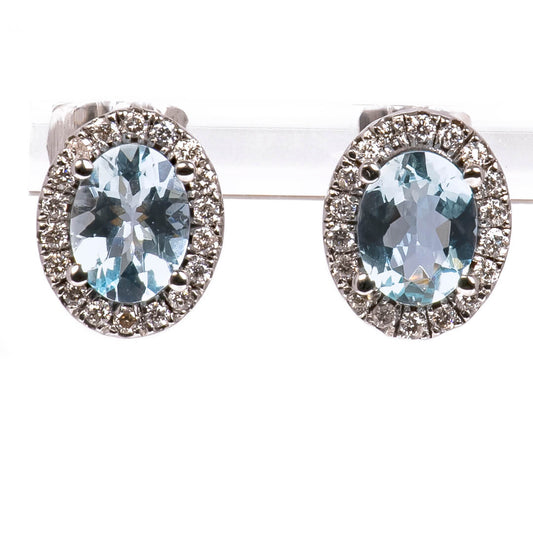 Aretes Aguamarina Natural Oval con Halo