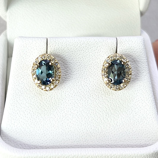 Aretes Halo Topacio "London Blue" 1.60qts y Diamantes Naturales 0.27qts