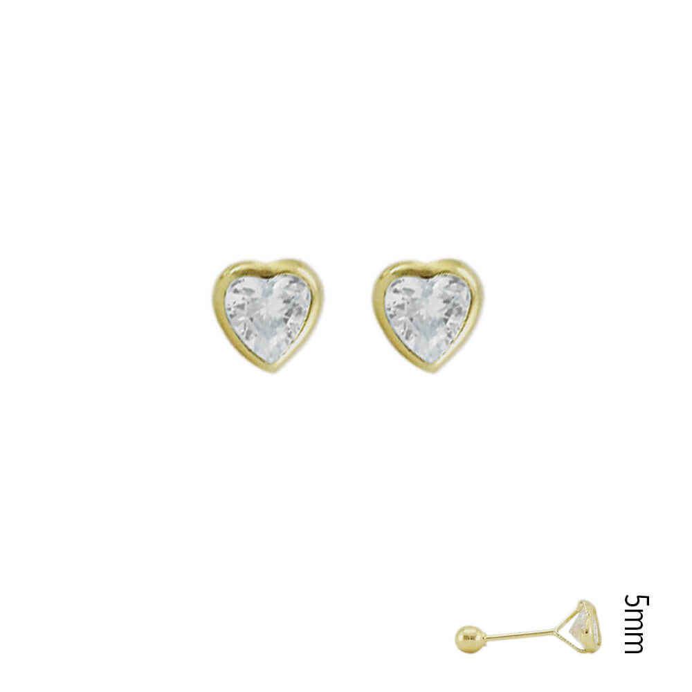 Corazón con Bisel Circonia Broquel Aretes de Niña 14k