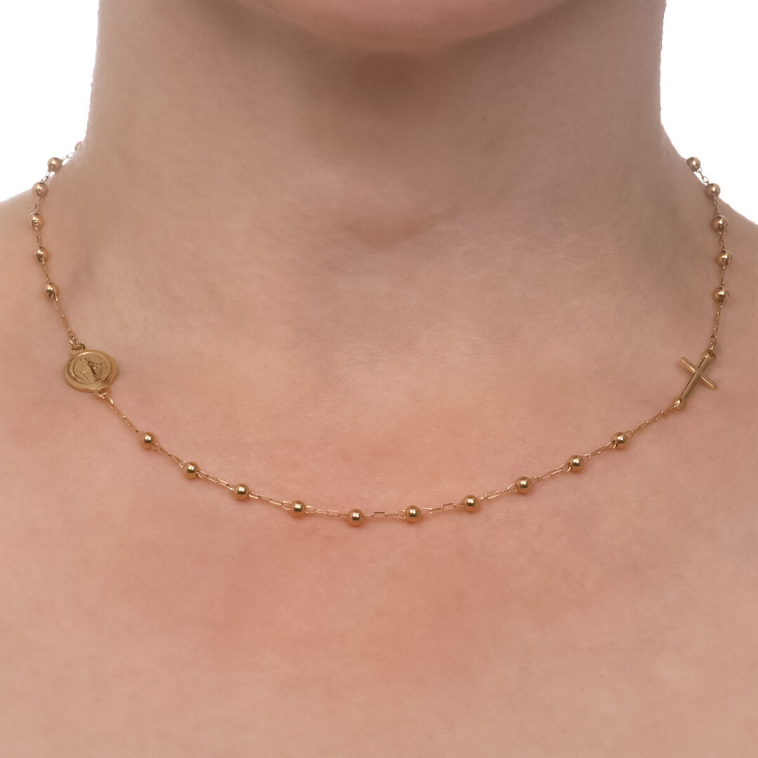 Collar tipo Decenario con Medalla de la Virgen Milagrosa y Cruz 14k