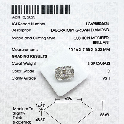 Diamante de Laboratorio Corte Cushion 3.09qts