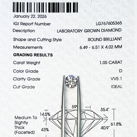 Diamante de Laboratorio Corte Redondo 1.05qts
