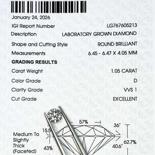 Diamante de Laboratorio Corte Redondo 1.05qts