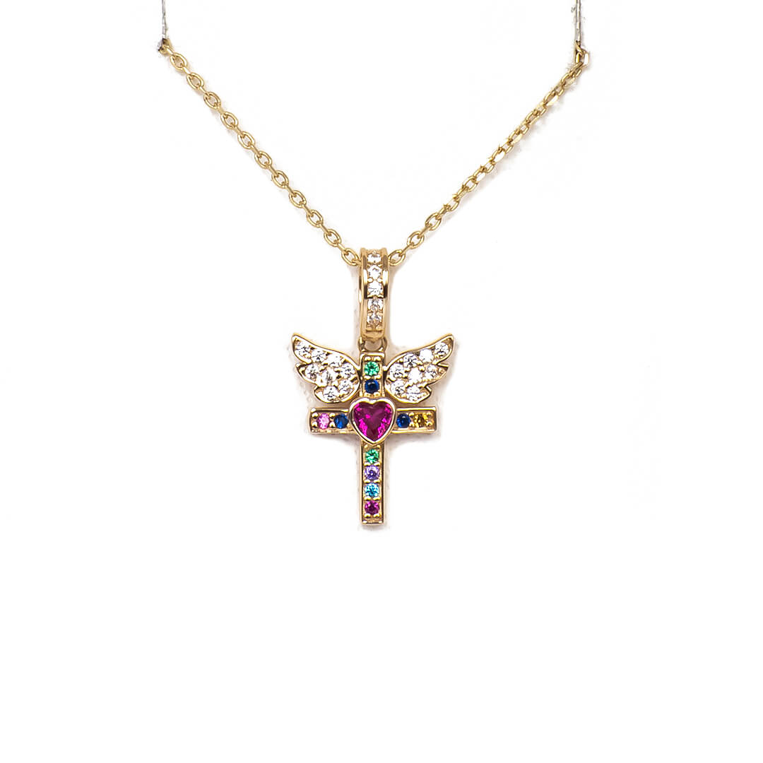 Dije de Cruz y Alas de Circonias de Colores