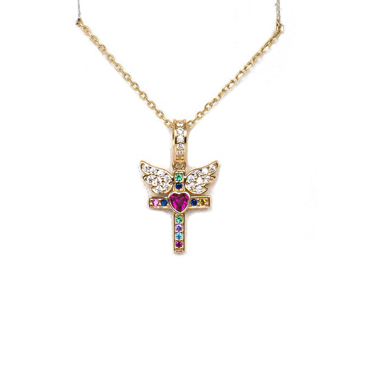 Dije de Cruz y Alas de Circonias de Colores