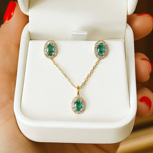 Juego de Aretes de Esmeraldas y Dije con Cadena con Diamantes Naturales