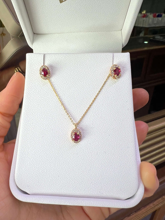Juego de Aretes de Rubies y Dije con Cadena 14k