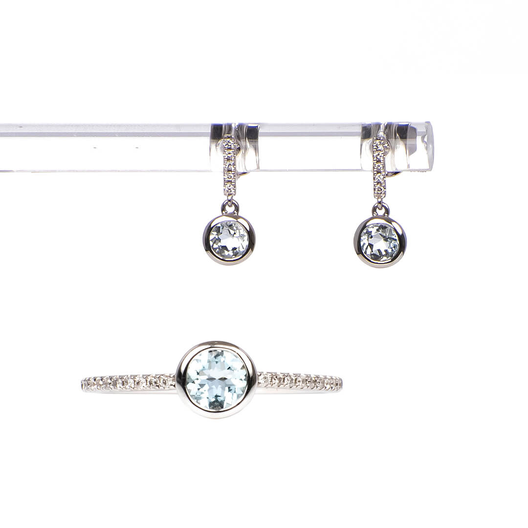 Set Aretes y Anillo de Aguamarinas y Diamantes Nat