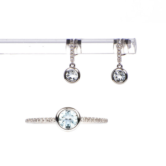 Set Aretes y Anillo de Aguamarinas y Diamantes Nat