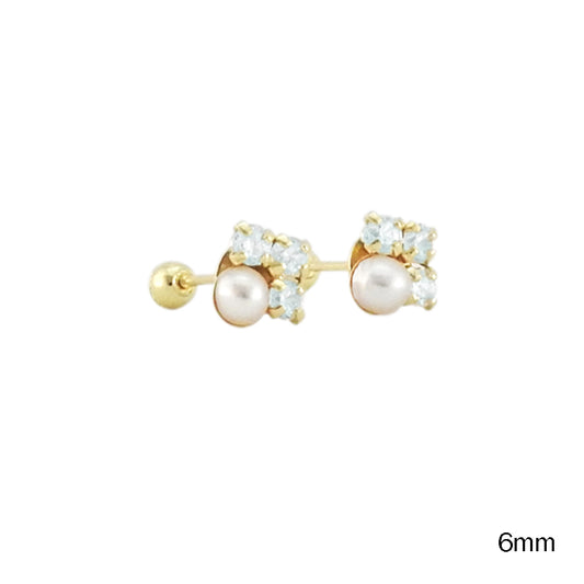 Perla y 3 circonias Broquel Aretes para niña