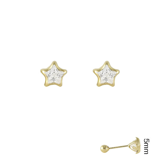 Estrella con bisel Circonia broquel arete de niña 14k