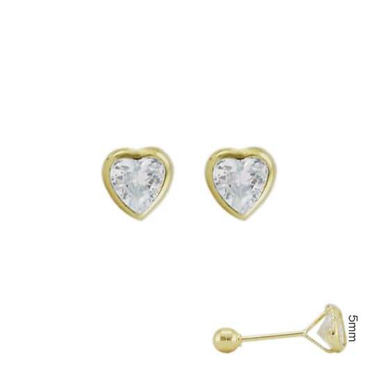 Corazón con bisel facetado y CZ 5mm Broquel Aretes para niñas